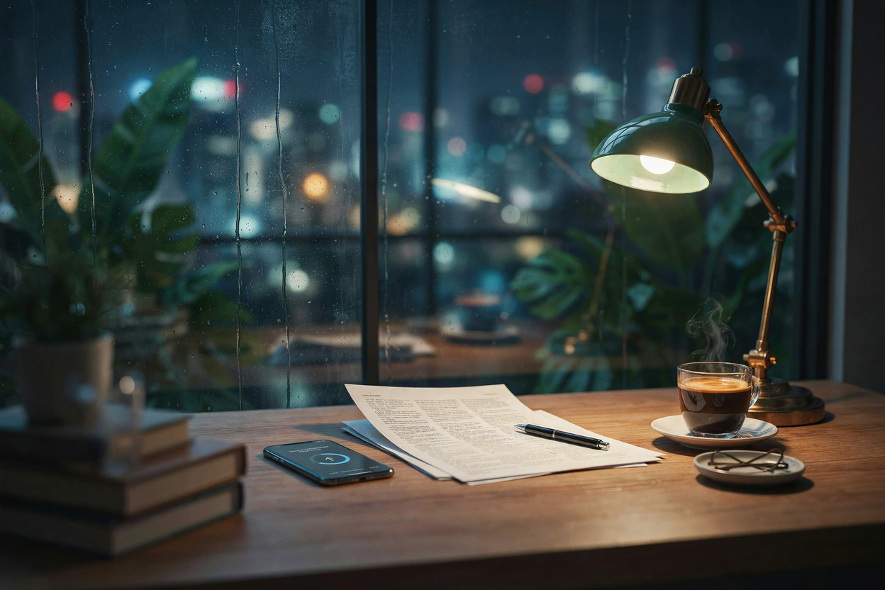 A phone and printed documents on a desk by a rain-streaked window at night, with city lights outside