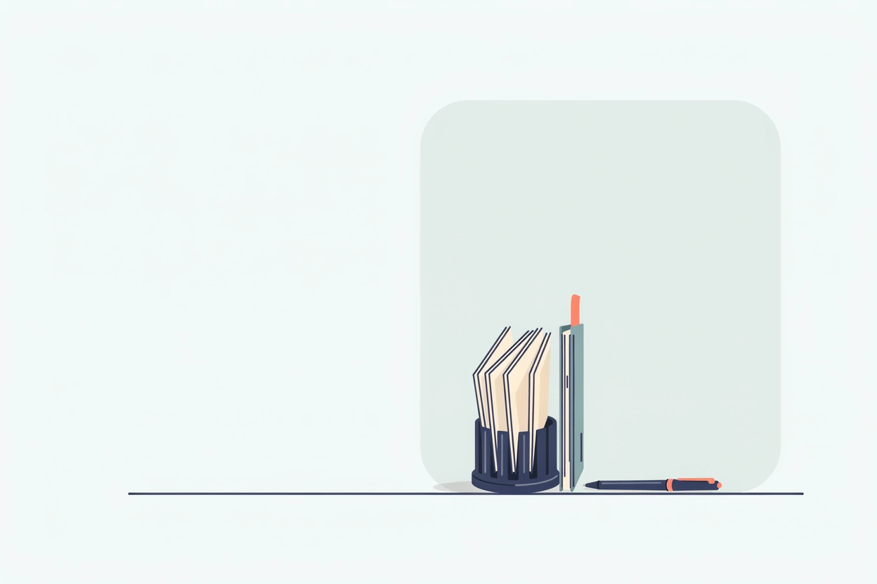 A desk card file of index cards beside a pen