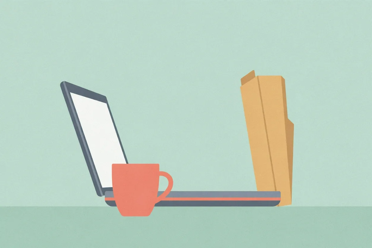 An open laptop with a blank screen, a coral mug and a manila folder on a ledge against a sage green wall.