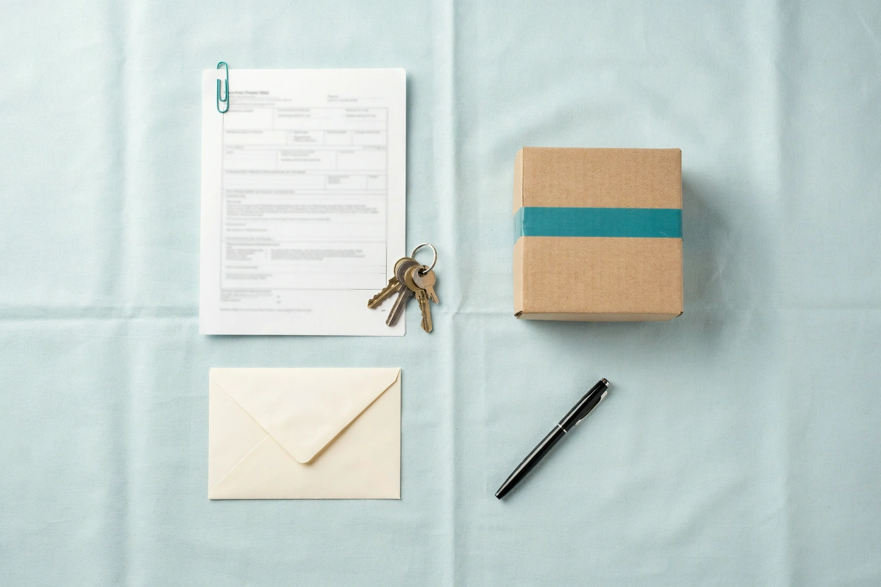 A clipped form and a set of keys beside a taped cardboard box, an envelope and a pen