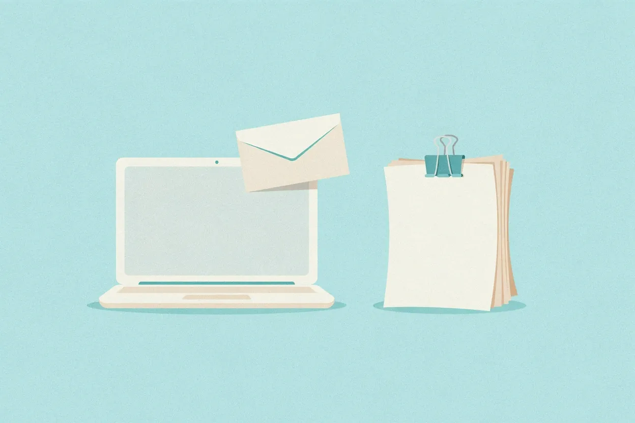 A laptop with an envelope above its screen beside a clipped stack of blank paper on a pale blue background.