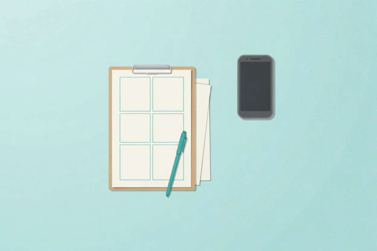 A clipboard holding a blank form divided into six boxes, with a teal pen, loose pages and a smartphone on a pale blue background.