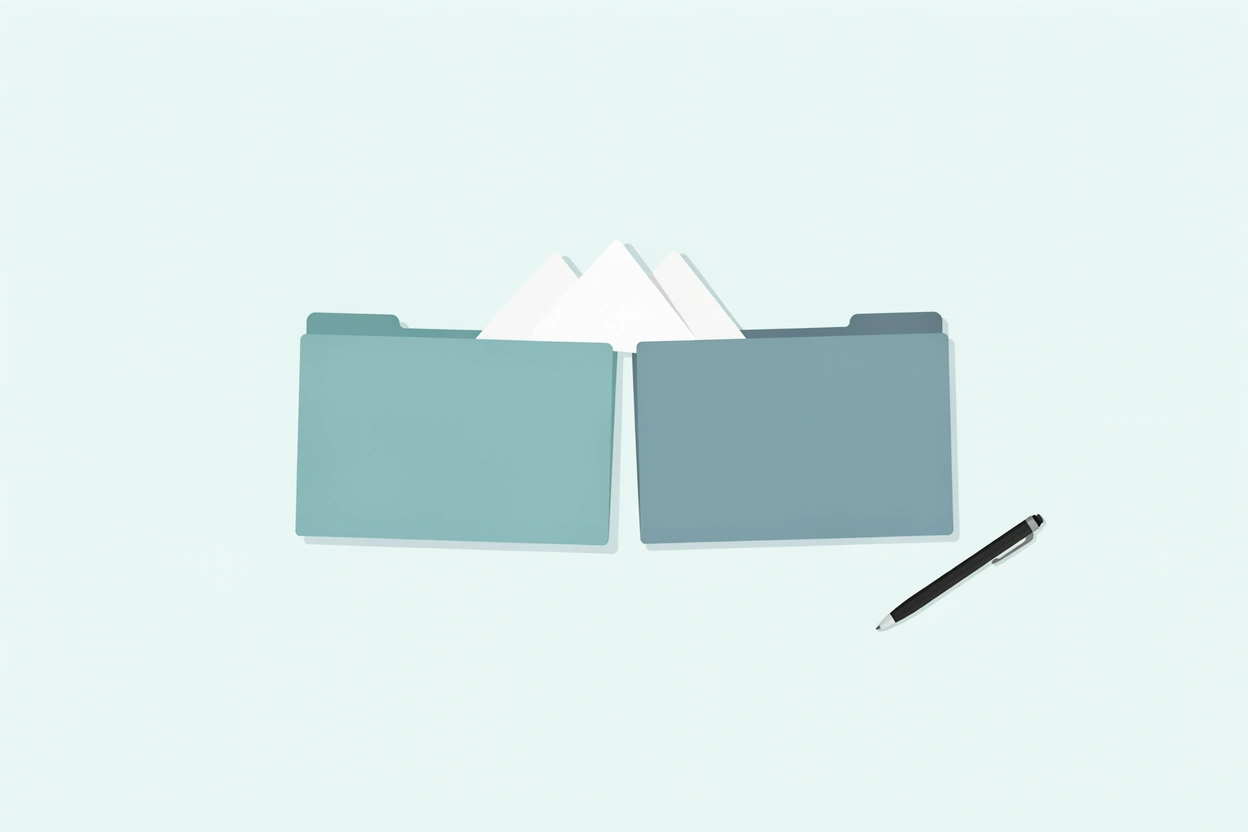 Two file folders, one teal and one slate blue, with a paper mountain cut-out and a pen on a pale blue background.