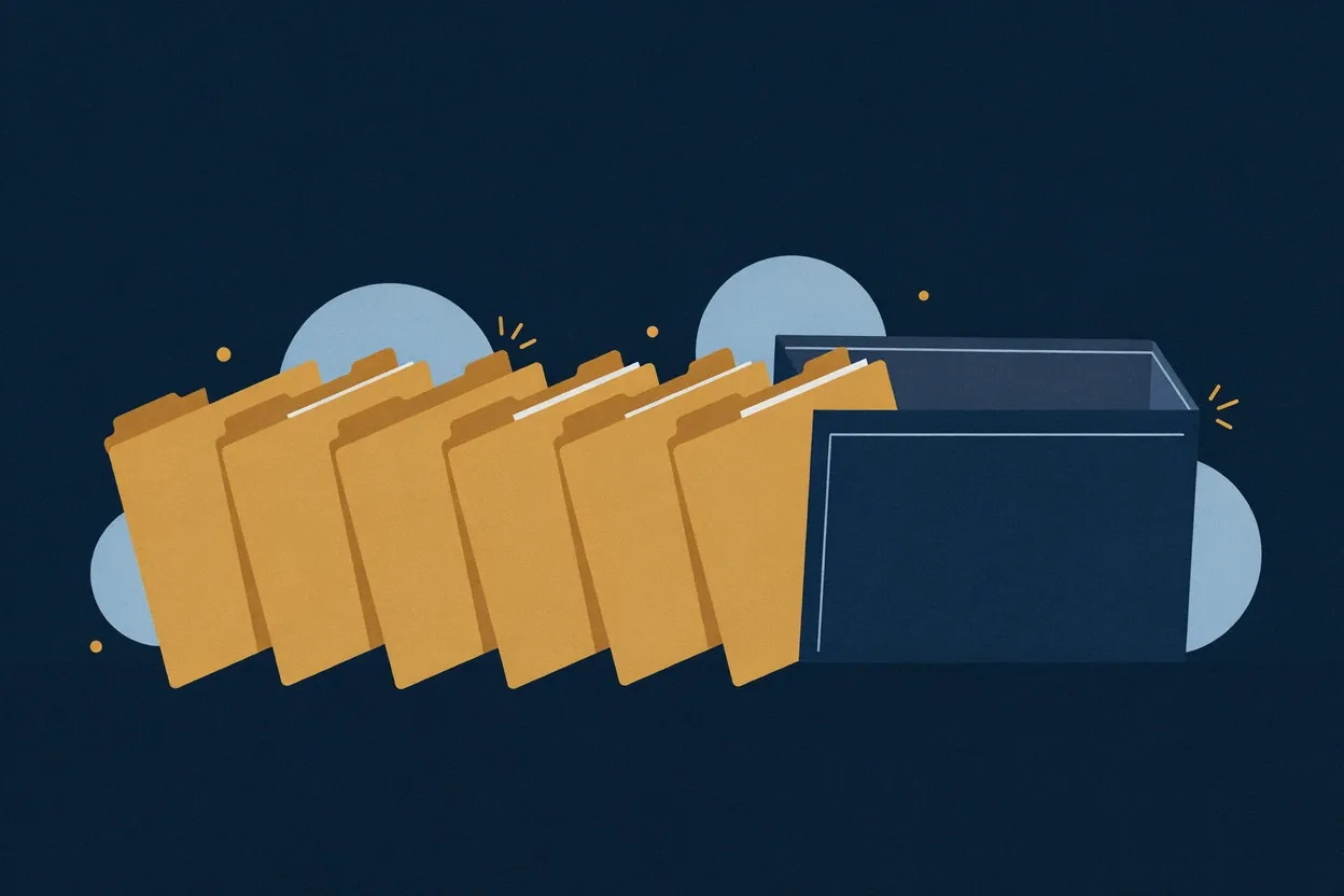 A row of manila folders leaning into an open navy file box on a dark blue background.