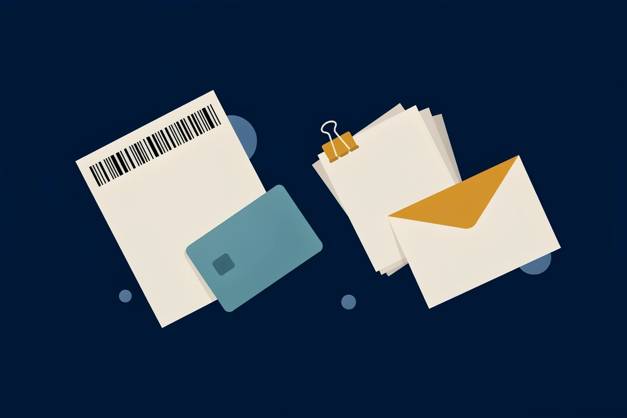 A barcoded form and a chip card beside a clipped stack of papers and an envelope