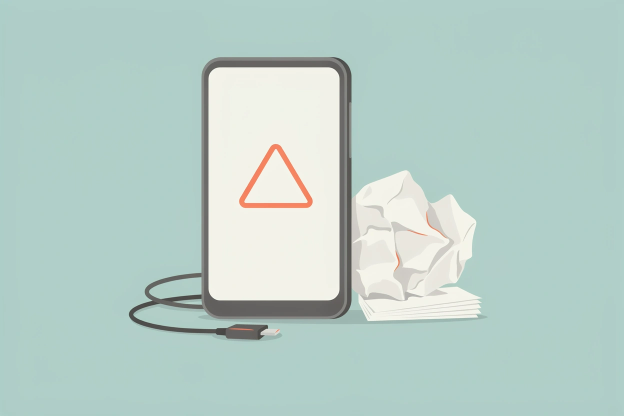 A smartphone showing an orange warning triangle, with a crumpled sheet of paper, a small stack of pages and a loose cable beside it.