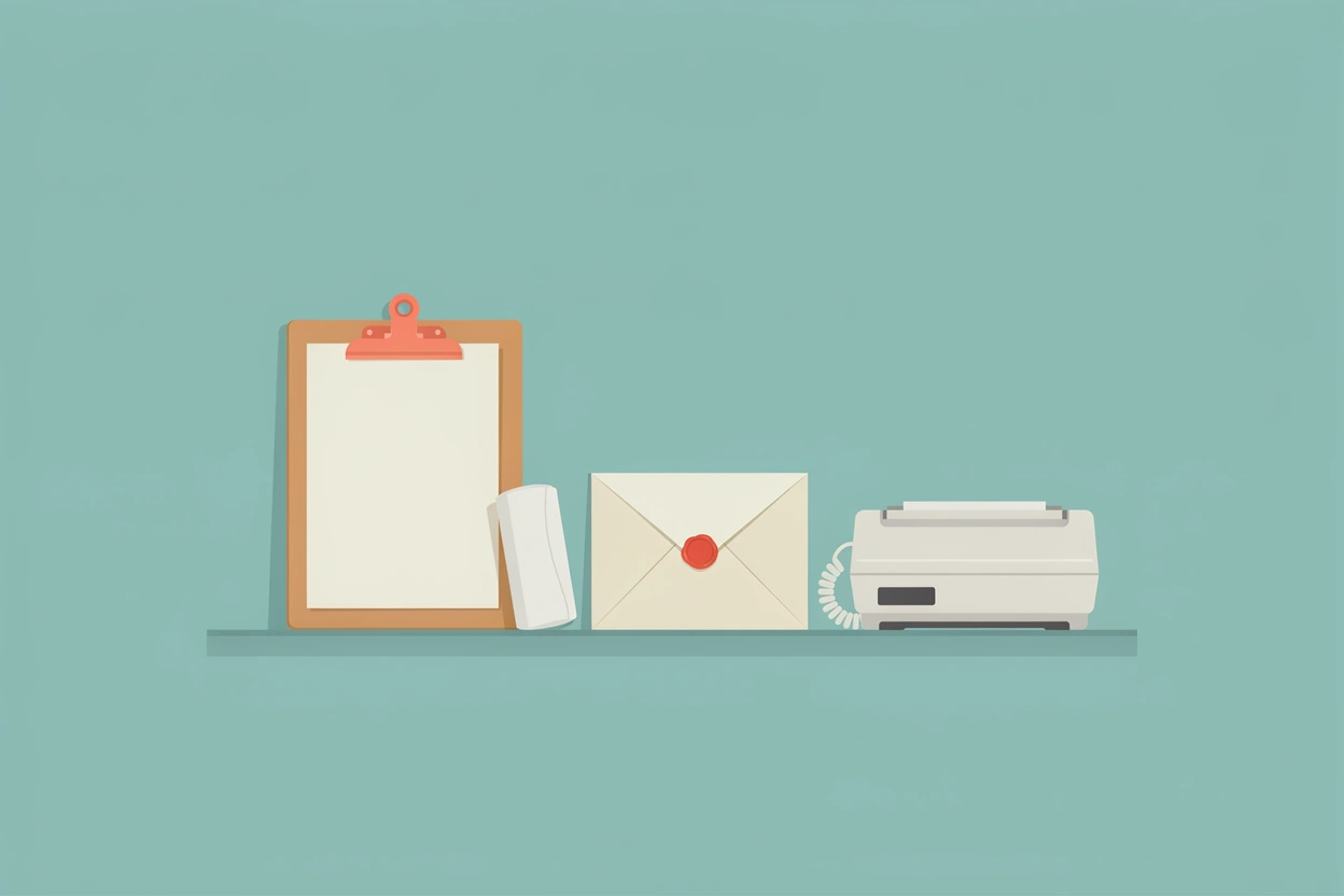A clipboard, a rolled bandage, a sealed envelope and a fax machine on a shelf