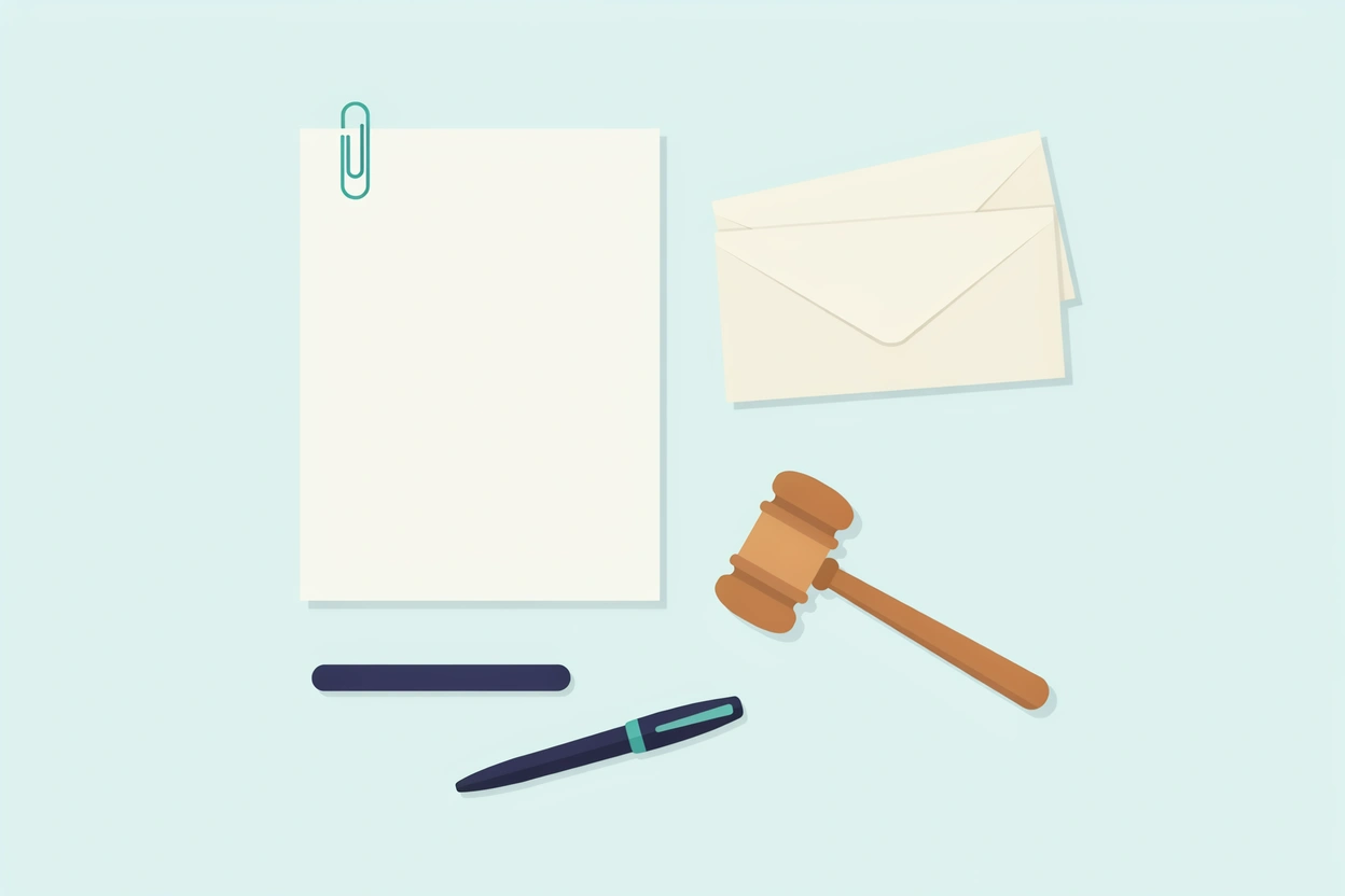 A clipped blank page beside two envelopes, a gavel and a pen