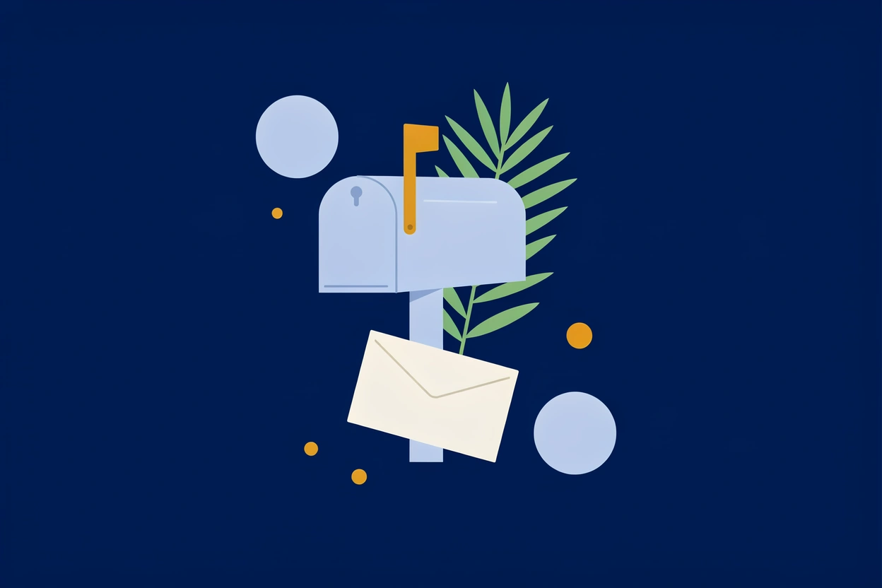 A curbside mailbox with its flag raised, a blank envelope and a palm frond on a navy background.