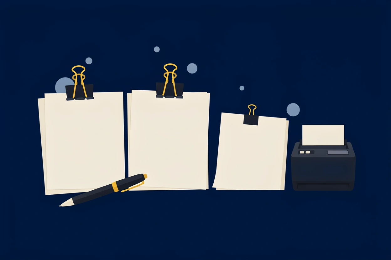 Three clipped stacks of paper beside a pen and a fax machine printing a page