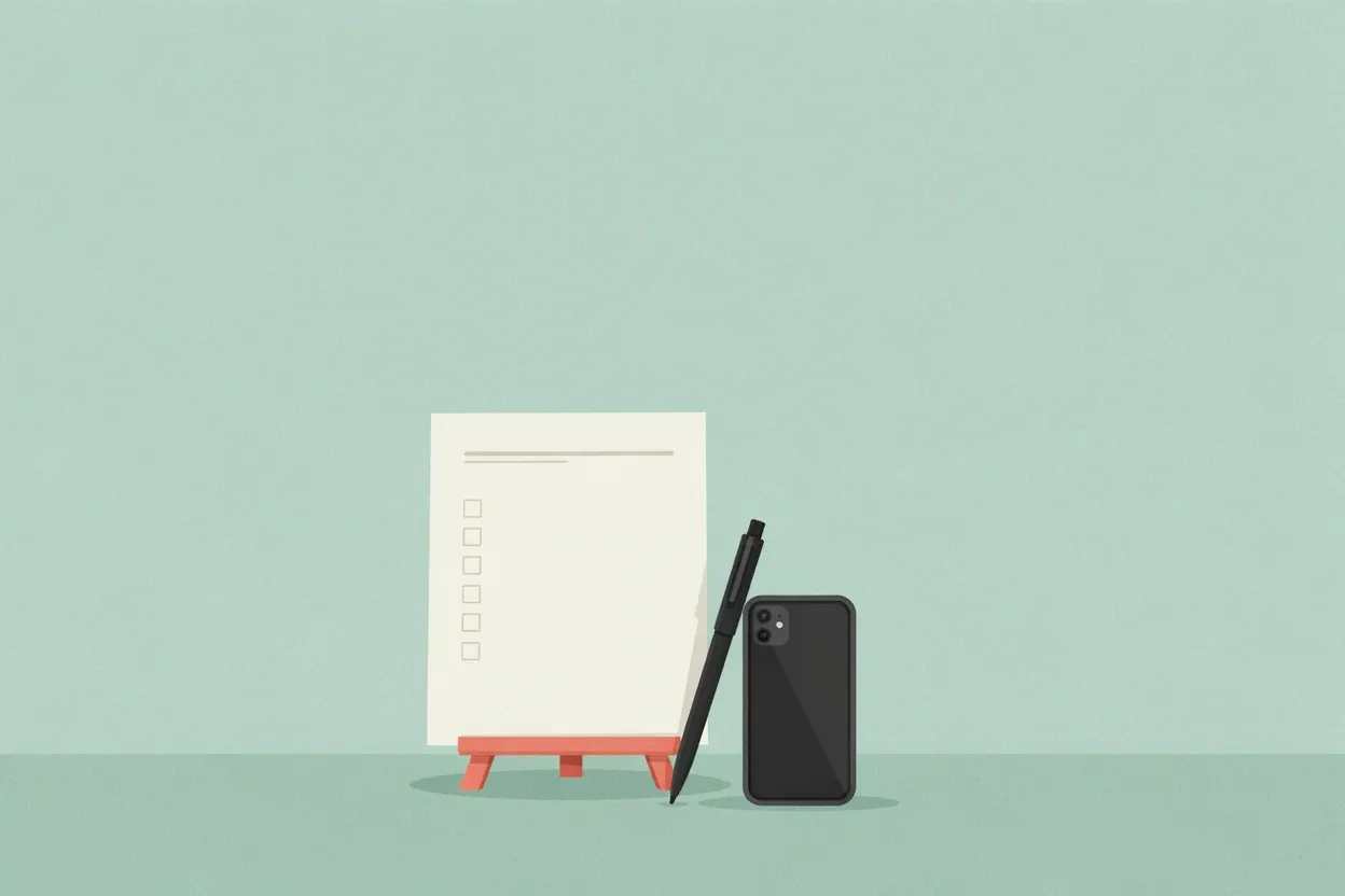 A blank form on a small coral stand with a black pen and a smartphone, against a sage green wall.