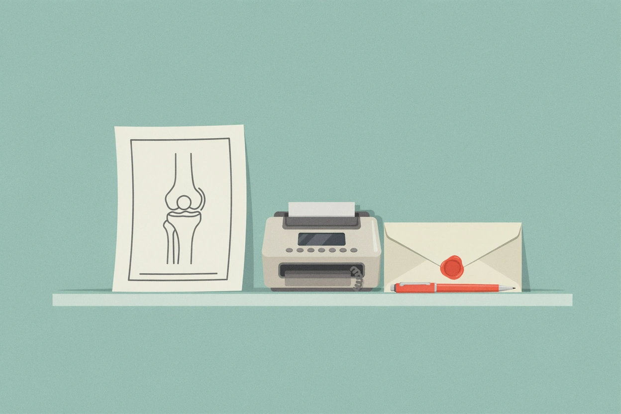 A drawing of a knee joint beside a fax machine, a sealed envelope and a pen on a shelf