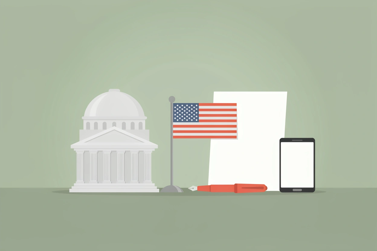 A white domed government building, a small US desk flag, a blank letter with a red fountain pen and a smartphone, standing on a ledge against a sage green wall.