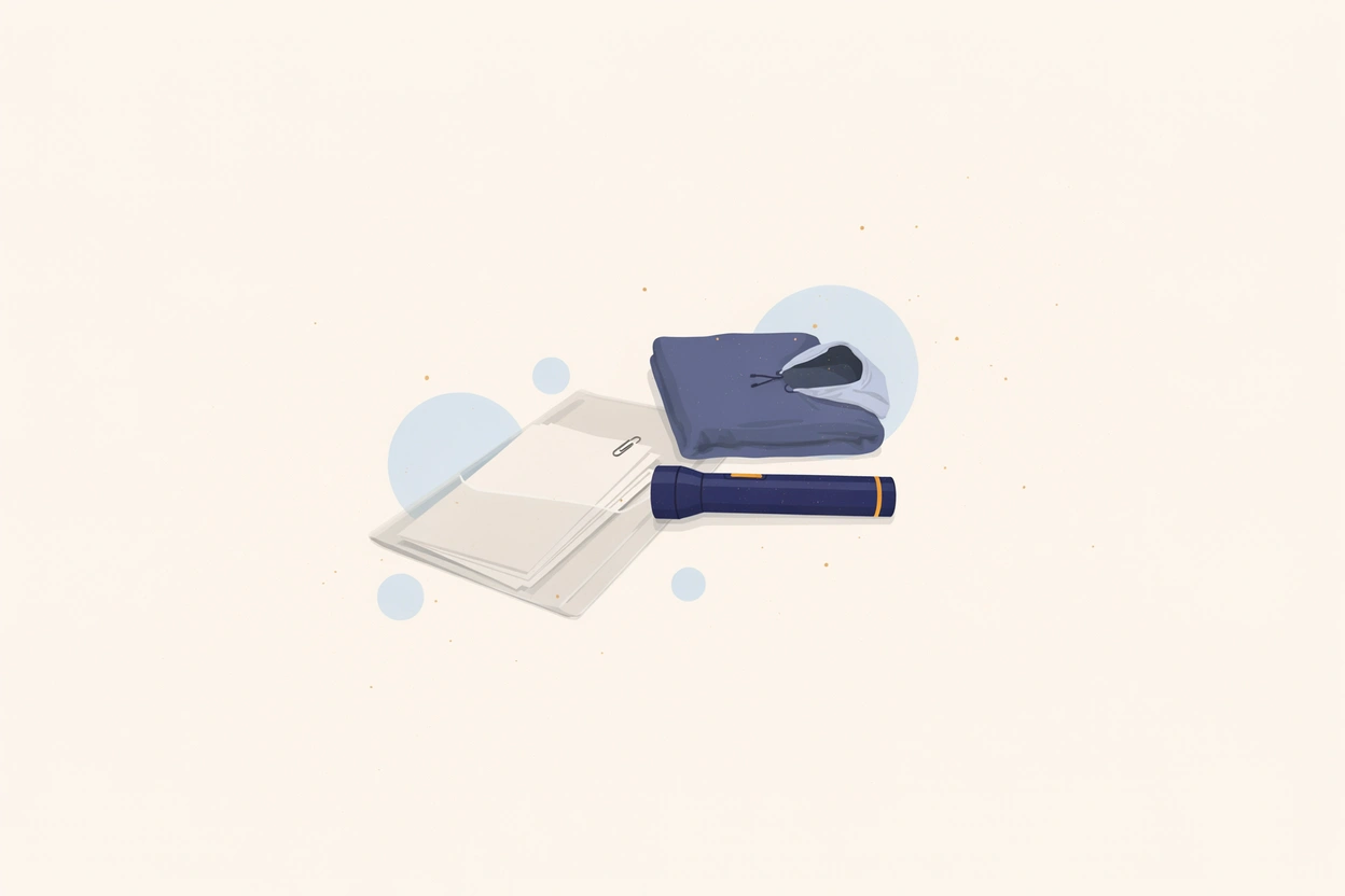 A document wallet beside a folded rain poncho and a flashlight