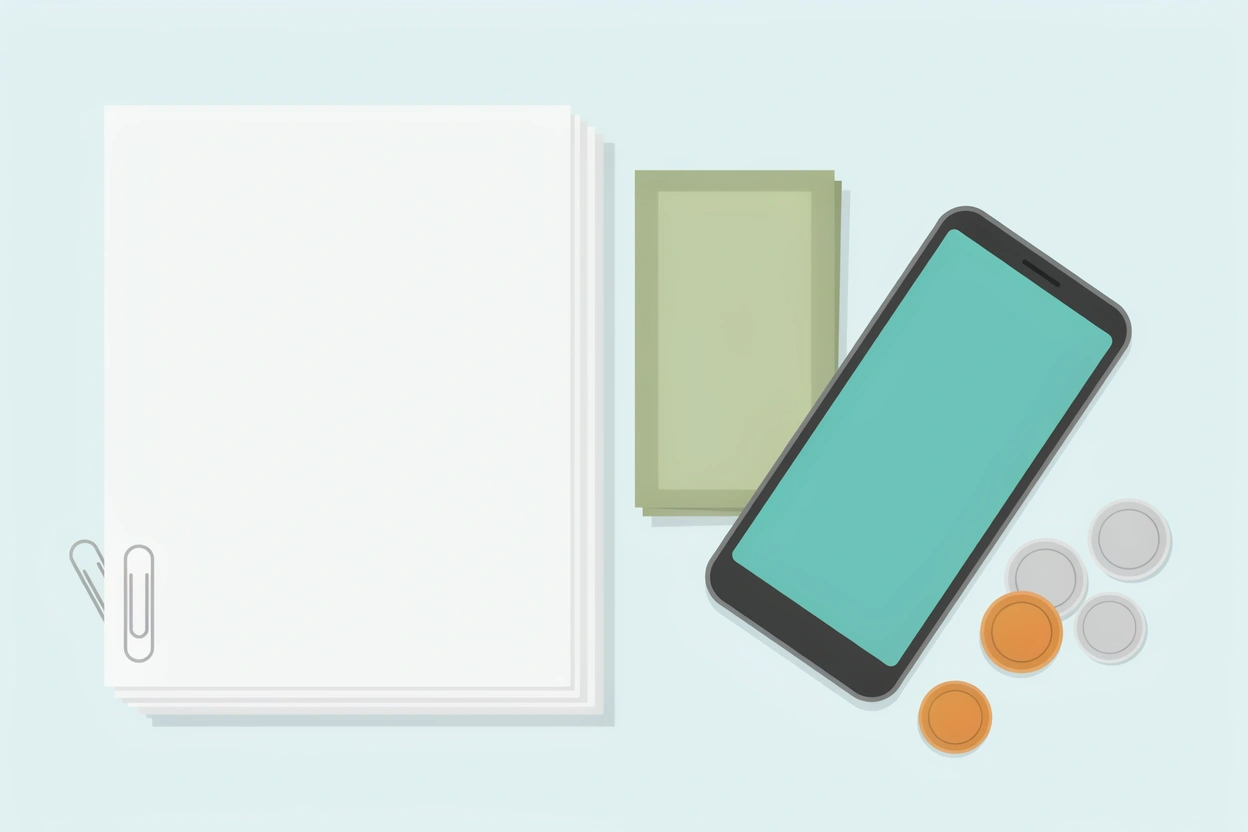Seen from above: a stack of blank paper with paper clips, some green banknotes, a smartphone with a teal screen and a few silver and copper coins.