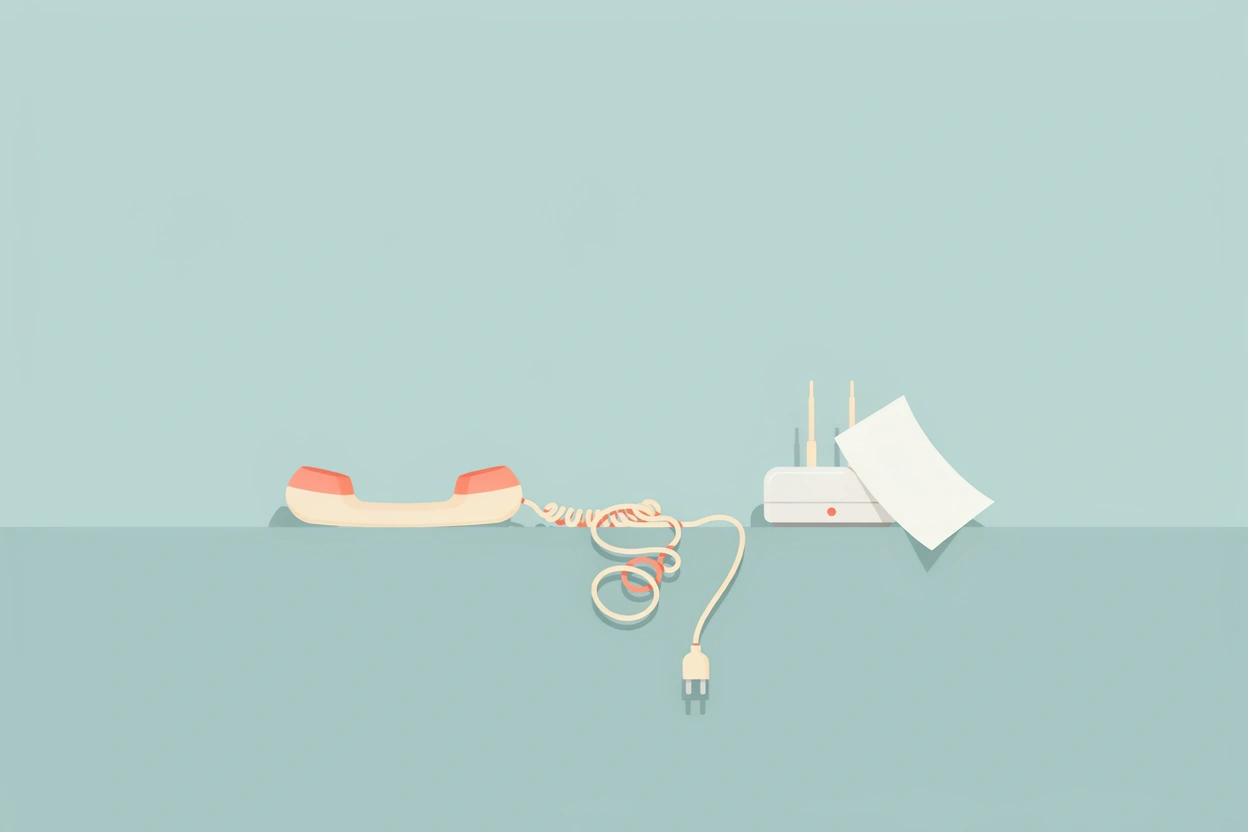 A corded phone handset lying on a ledge, its coiled cord ending in an unplugged plug, beside a white router with a blank sheet of paper leaning on it.