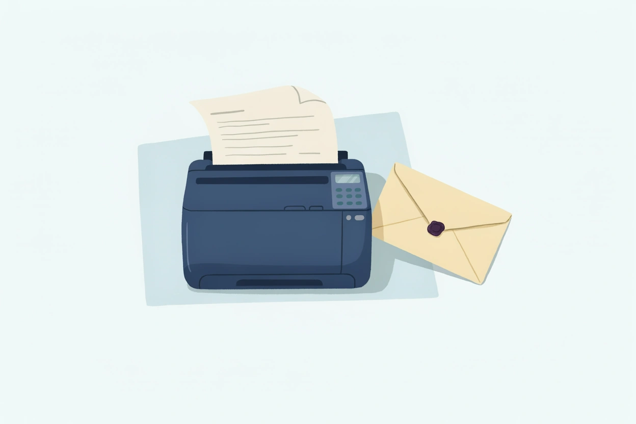 A desktop fax machine printing a page beside a sealed envelope