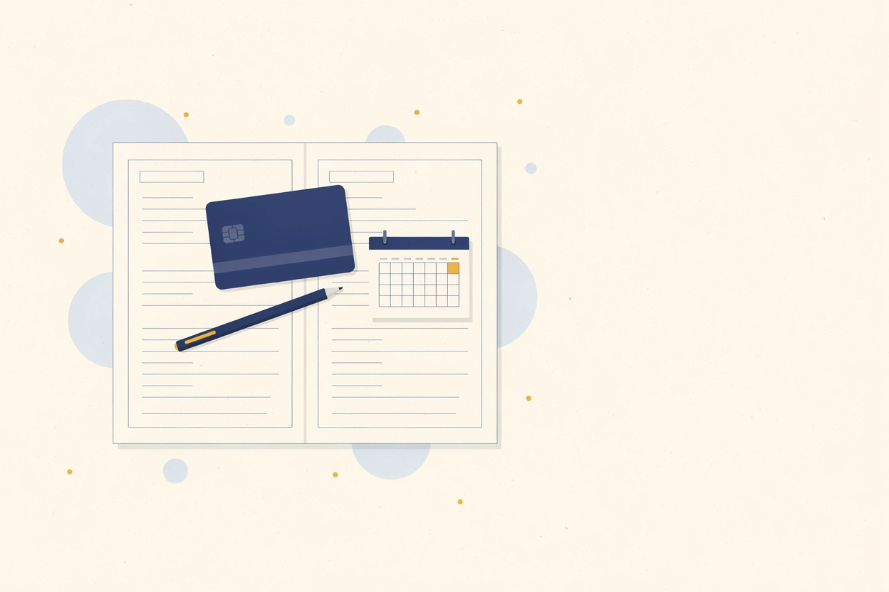 An insurance card and a pen on an open form beside a small calendar