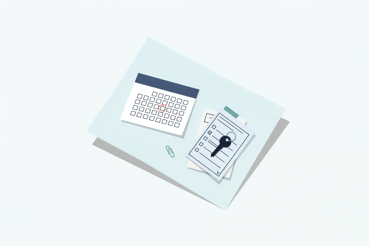 A calendar page, a form and a house key on a desk