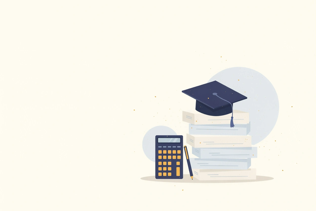 A graduation cap on a stack of papers beside a calculator