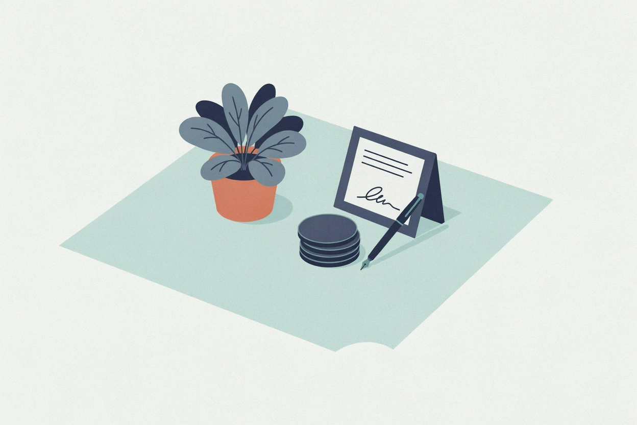 A potted plant beside a signed form, a stack of coins and a pen