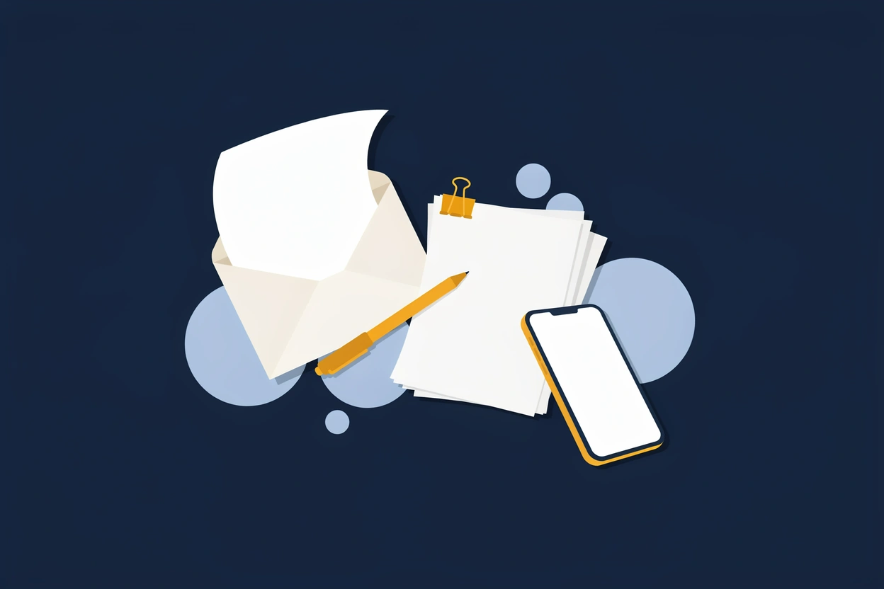 An open envelope with a letter sliding out, a clipped stack of pages, a yellow pen and a smartphone with a blank screen, on a navy background.