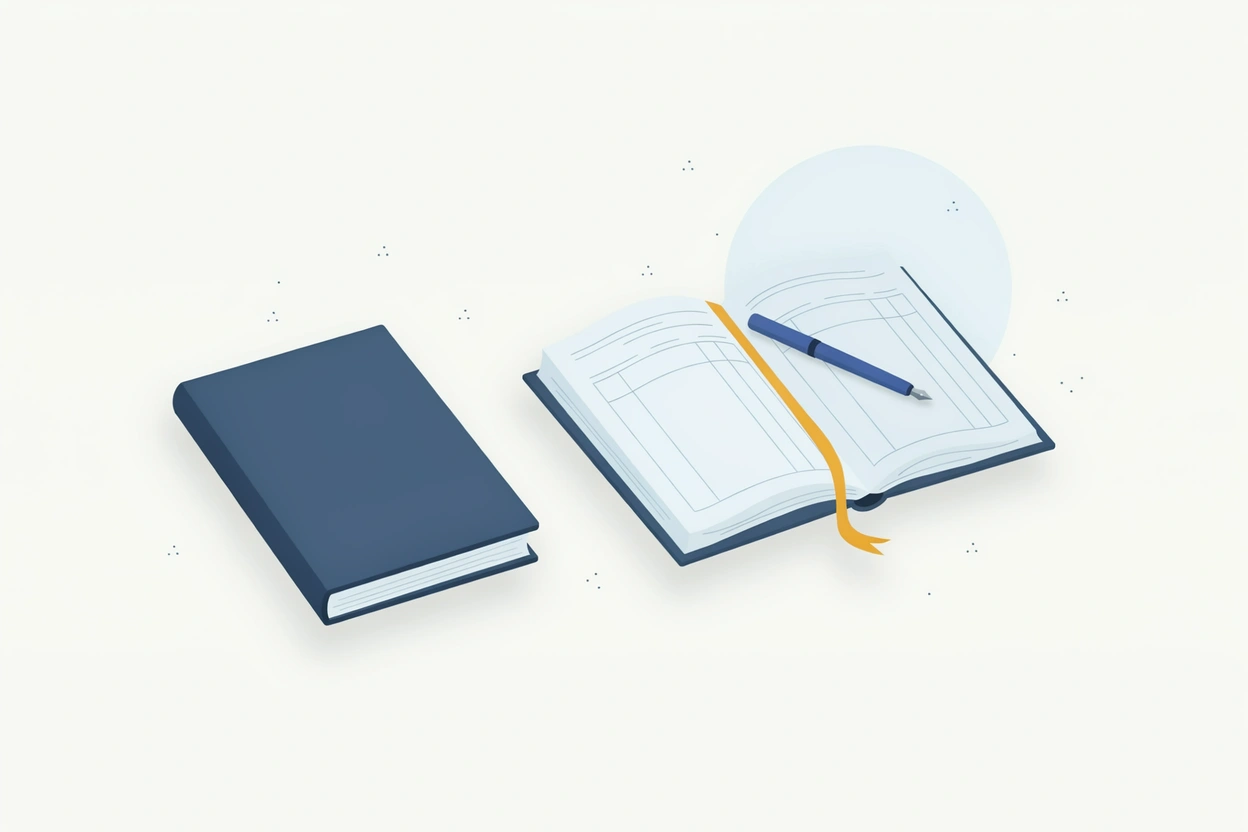 A closed ledger beside an open one on a desk, with a pen across the open pages