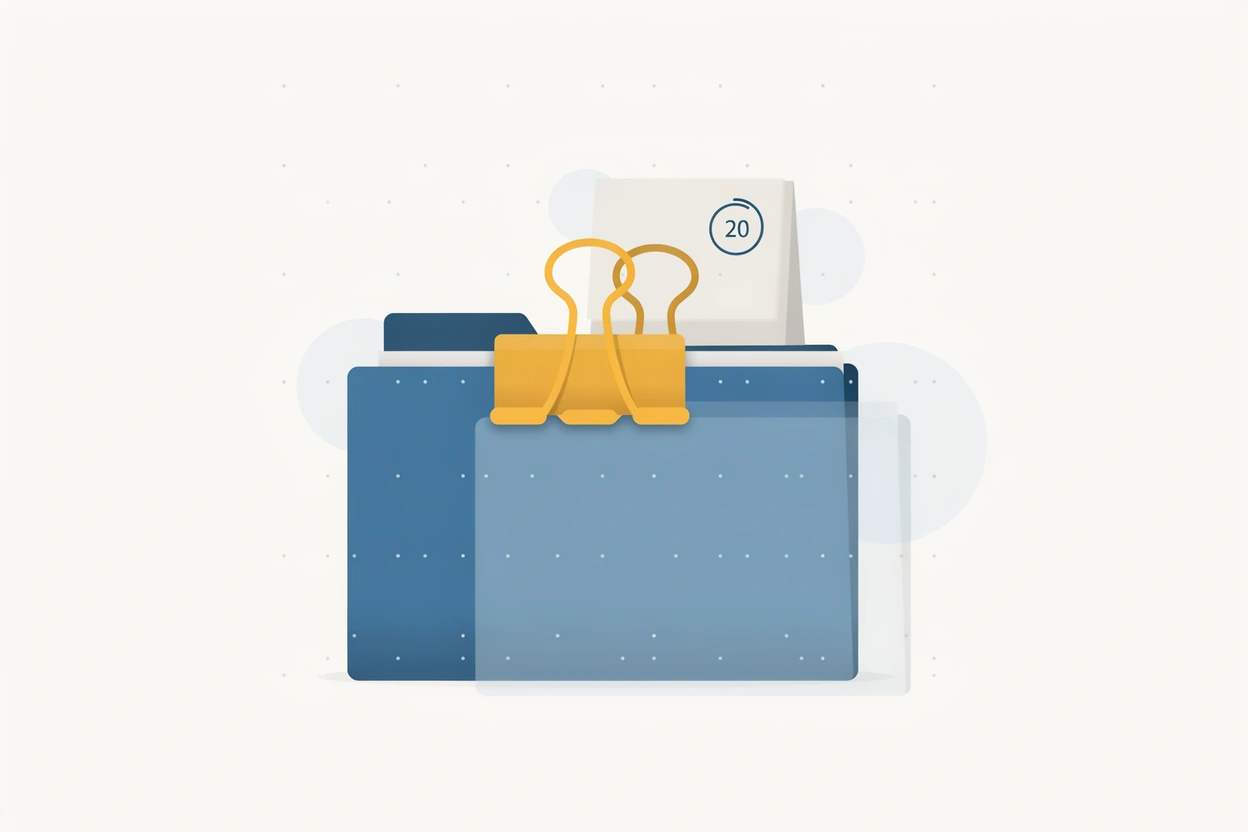 Two folders clipped together with a binder clip, in front of a desk calendar