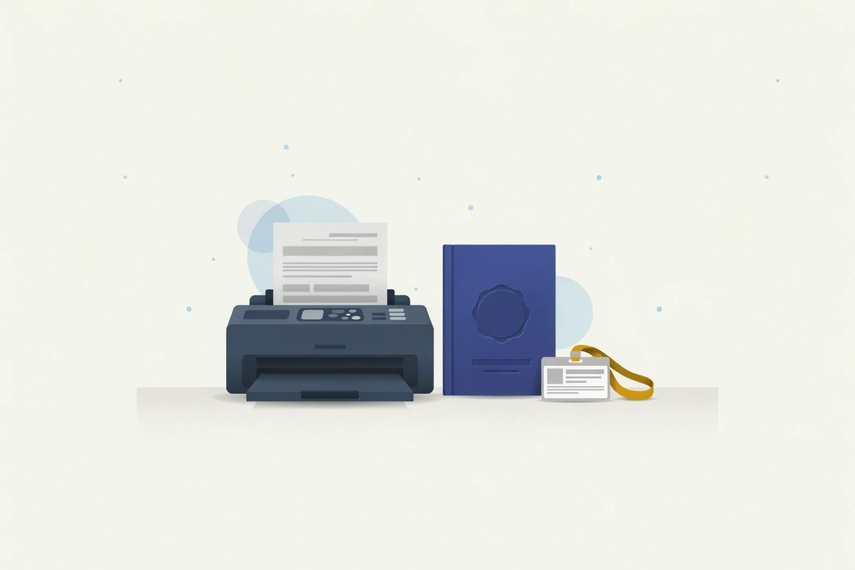 A fax machine feeding in a form, beside a passport-style booklet and a visitor badge