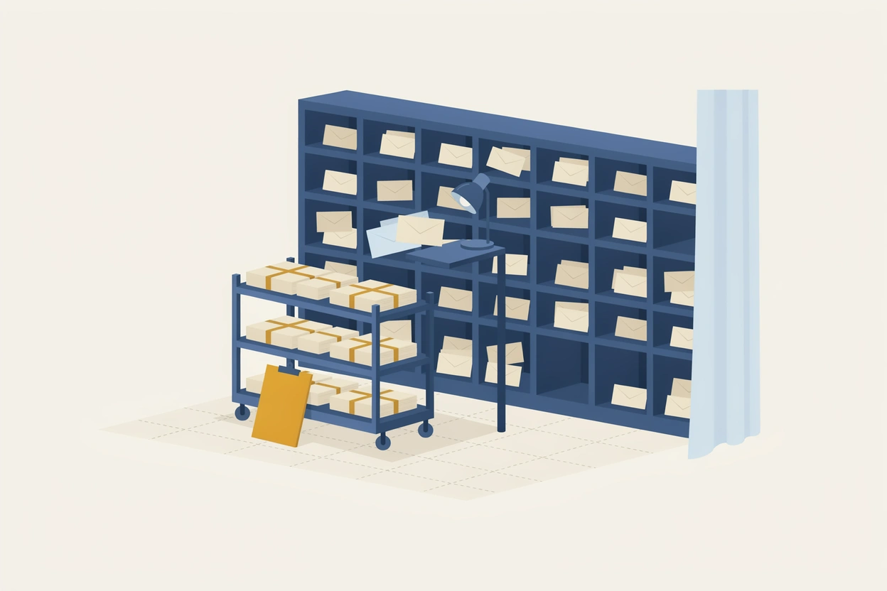 Bundles of envelopes on a trolley in front of a wall of pigeonholes