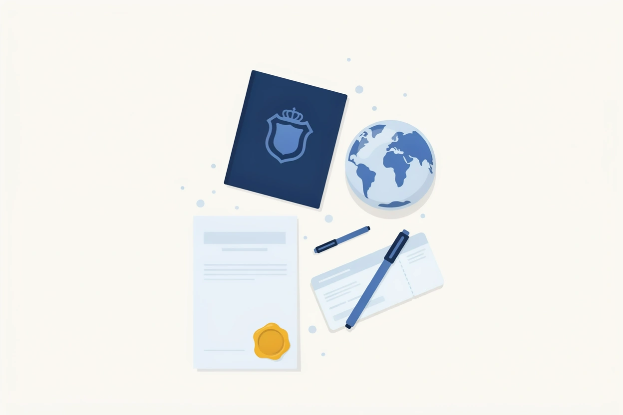 A passport-style booklet, a small globe, a boarding pass and a certificate with a yellow seal