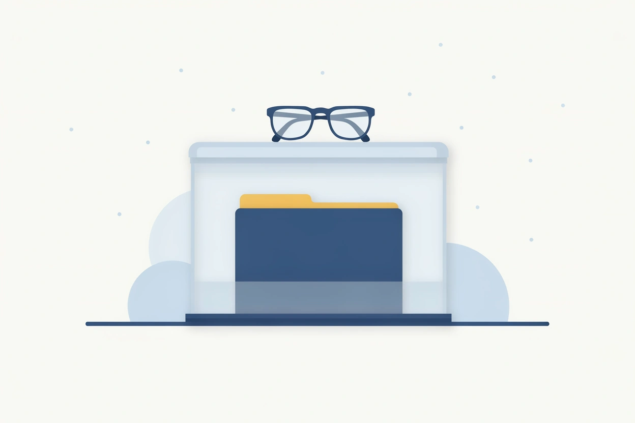 A folder inside a closed glass case, with reading glasses resting on the lid