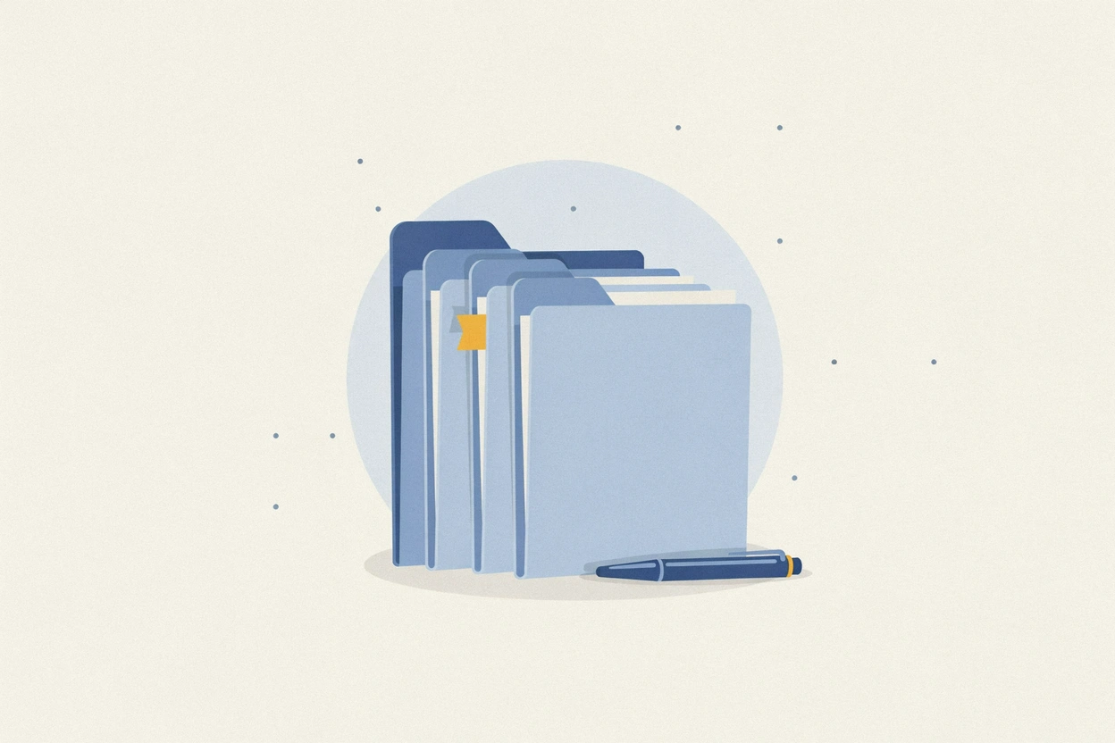 A row of document folders with one page marked by a yellow flag