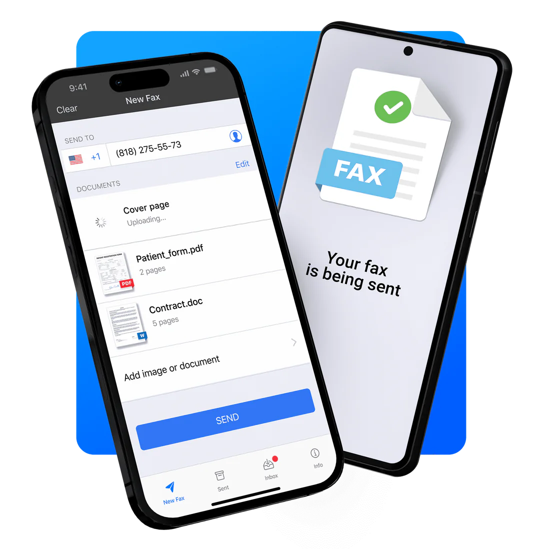 Fax App shown on two phones sending a fax