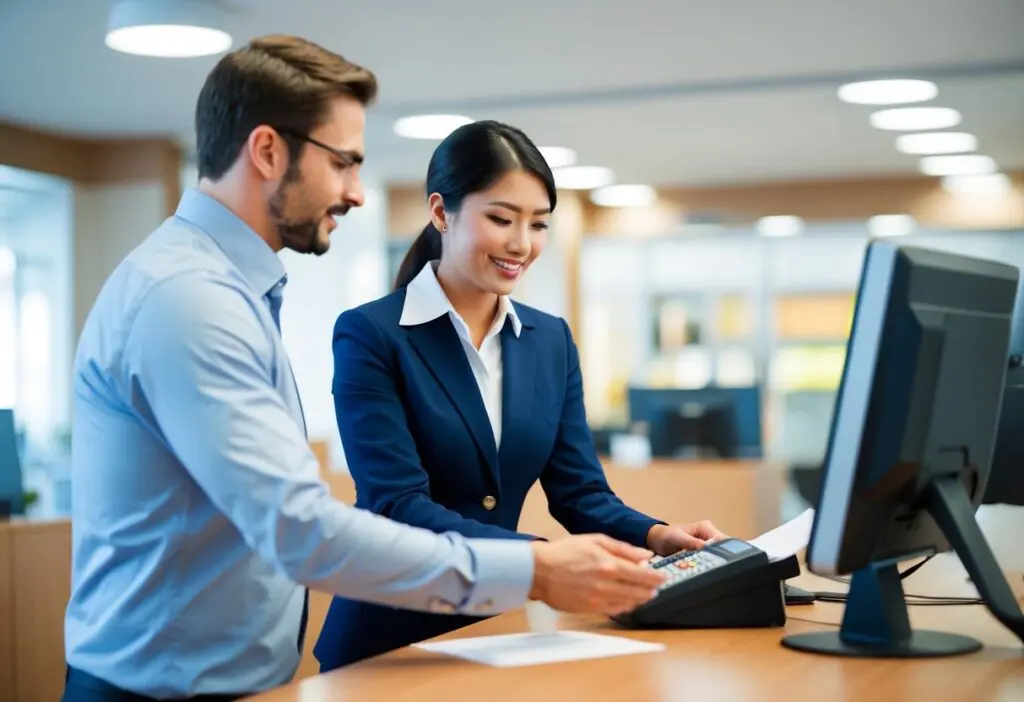 picture of a person helping a customer send a fax at the bank