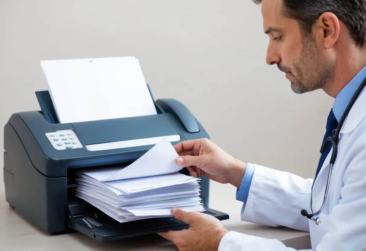 a medical professional receiving documents by fax
