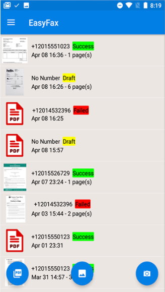 easyfax color coded status of faxes - red for failed, yellow for drafts etc