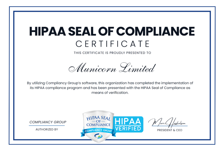 Municorn HIPAA seal of compliance certificate