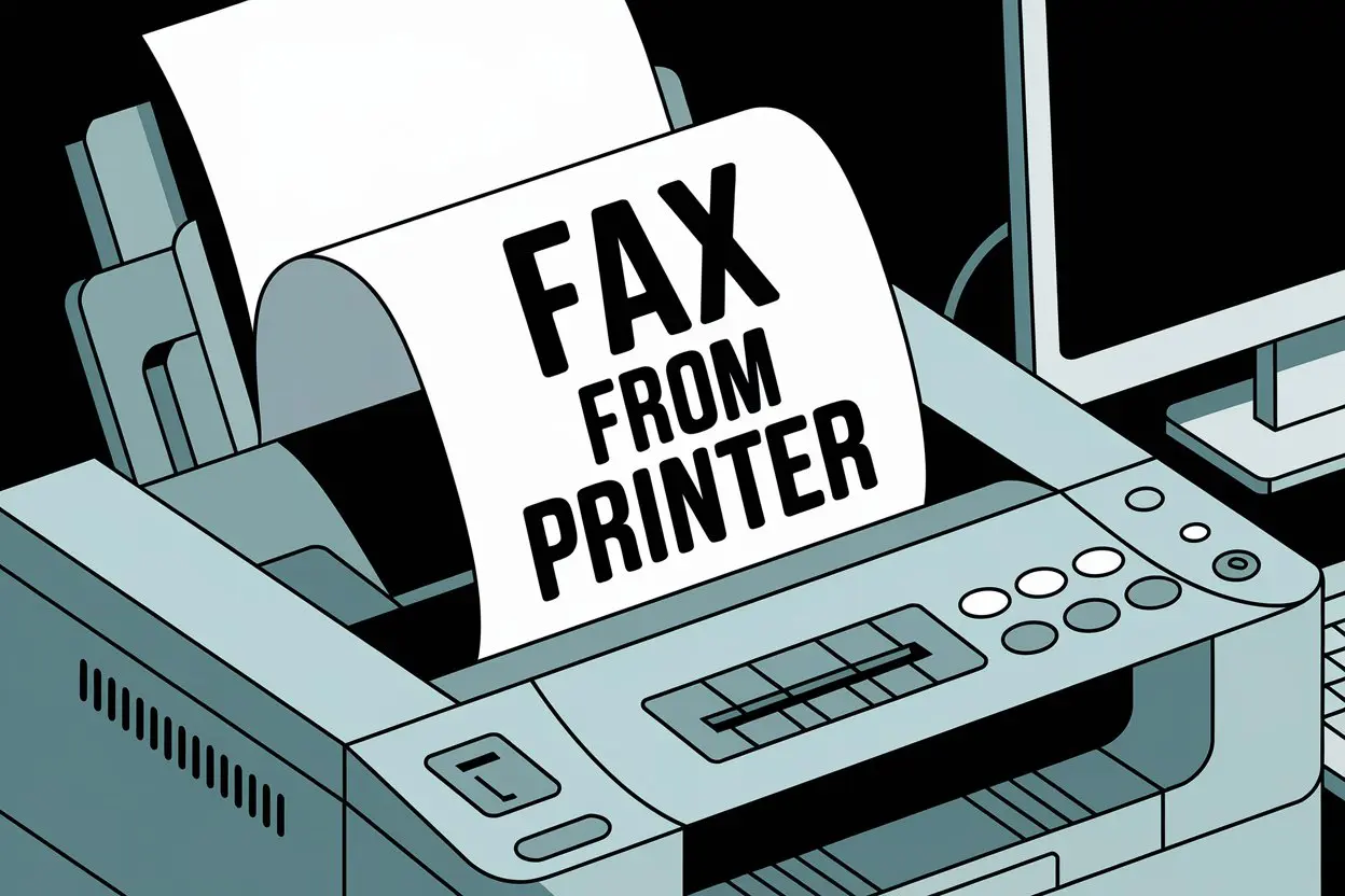 The illustration shows a printer with a paper output tray. There's a sheet of paper with the text "Fax from Printer" printed on it. The printer is connected to a computer with a monitor.