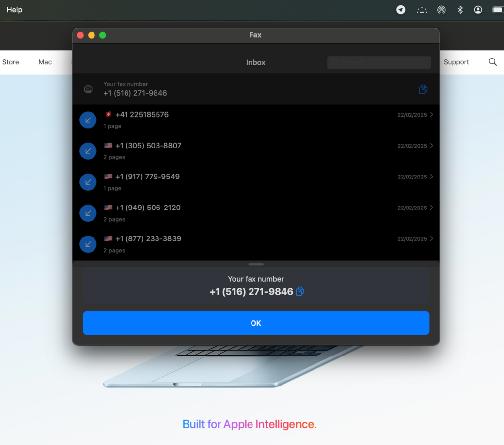 fax on mac municorn fax app fax number confirmation interface