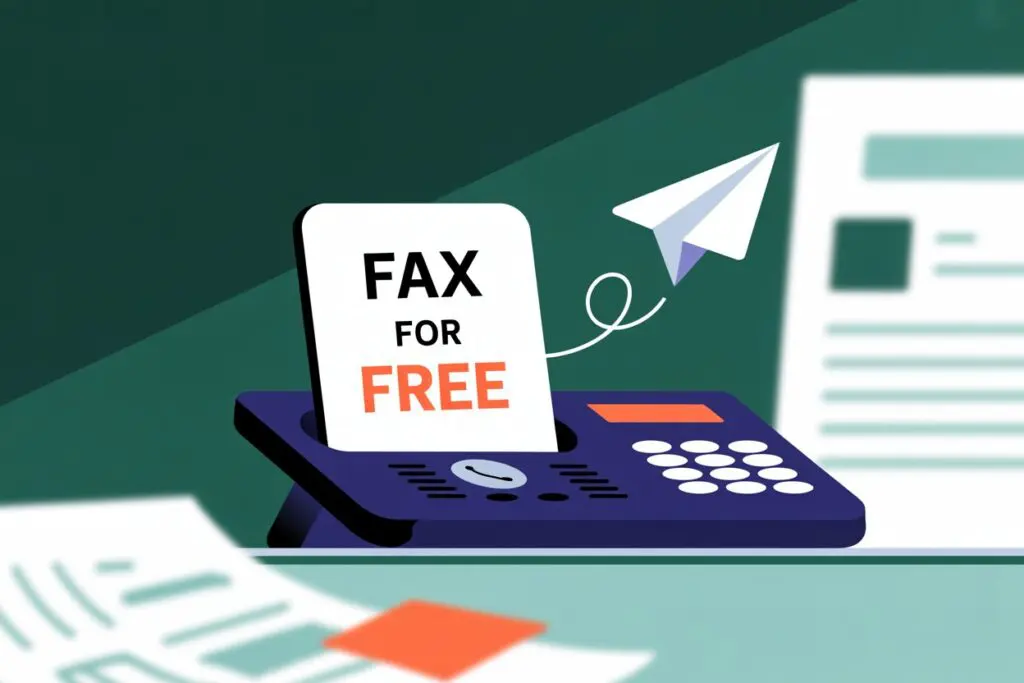 Featured Illustration for a Fax for Free Top 6 Choices Review, a digital illustration depicting a mobile phone displaying the text "Fax for Free" prominently. The phone rests on a sleek, minimalist desk