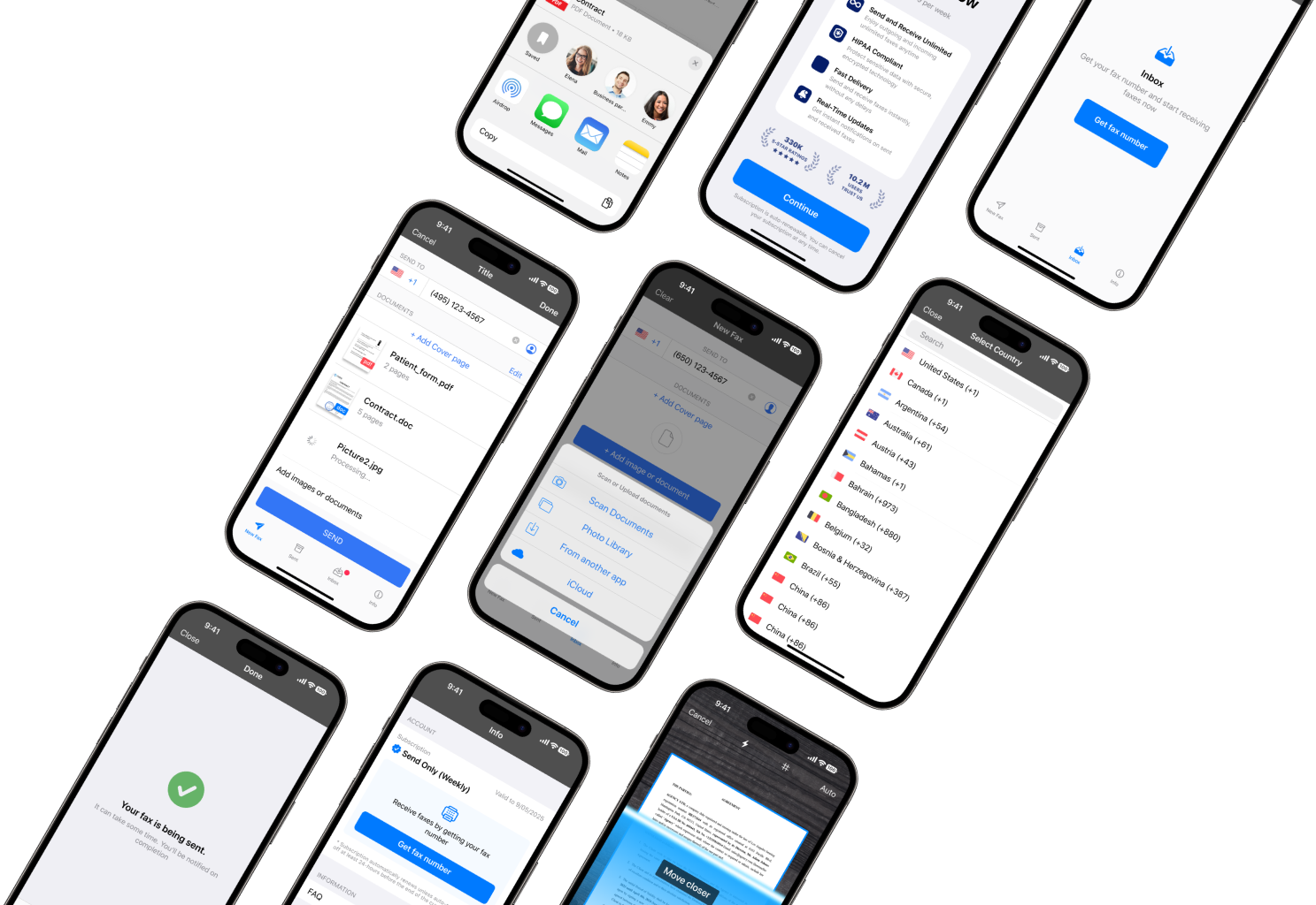 mobile phones with fax app interface screenshots