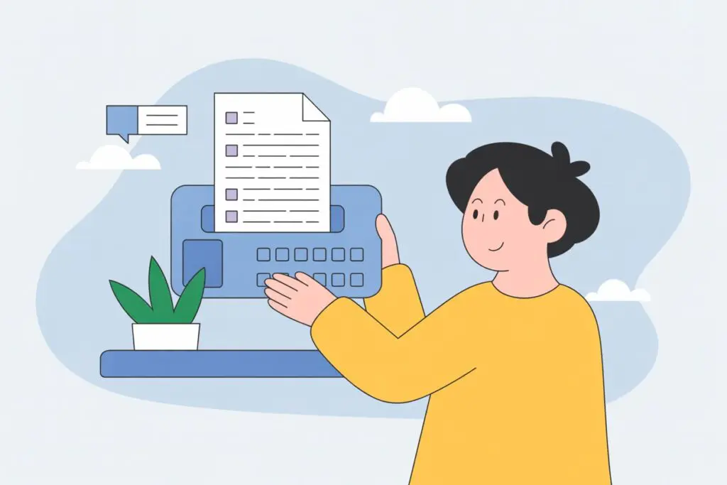 an illustration of a young woman holding a fax machine with a virtual fax number