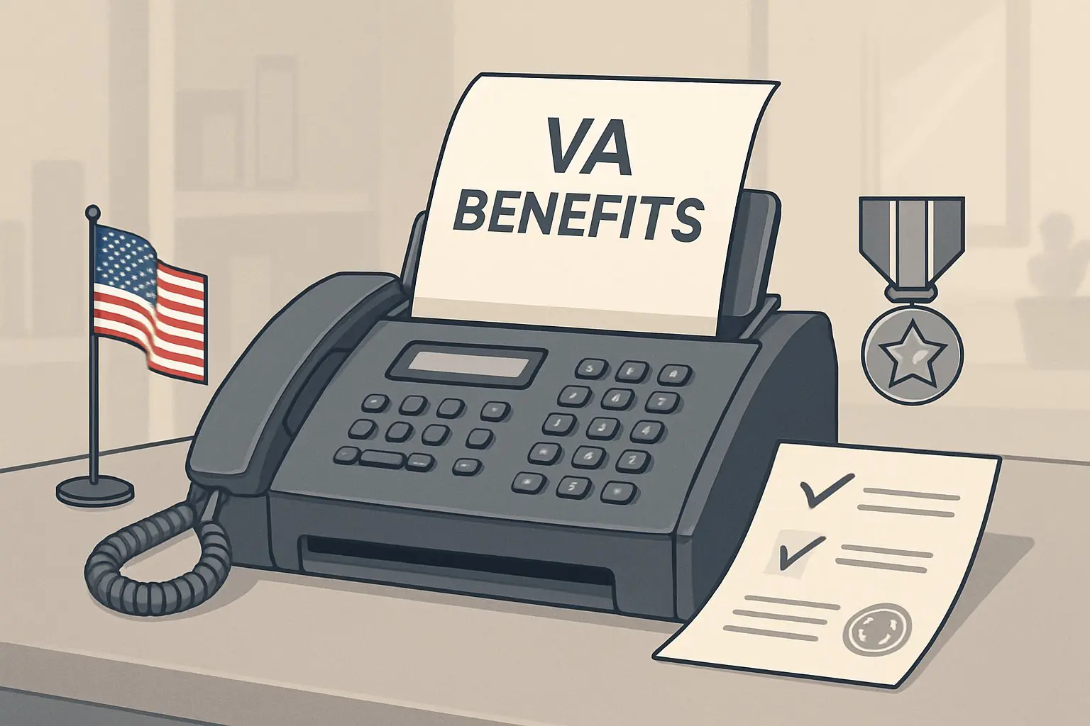 A fax machine on an office desk sending a document, with symbols representing veterans and benefits nearby.