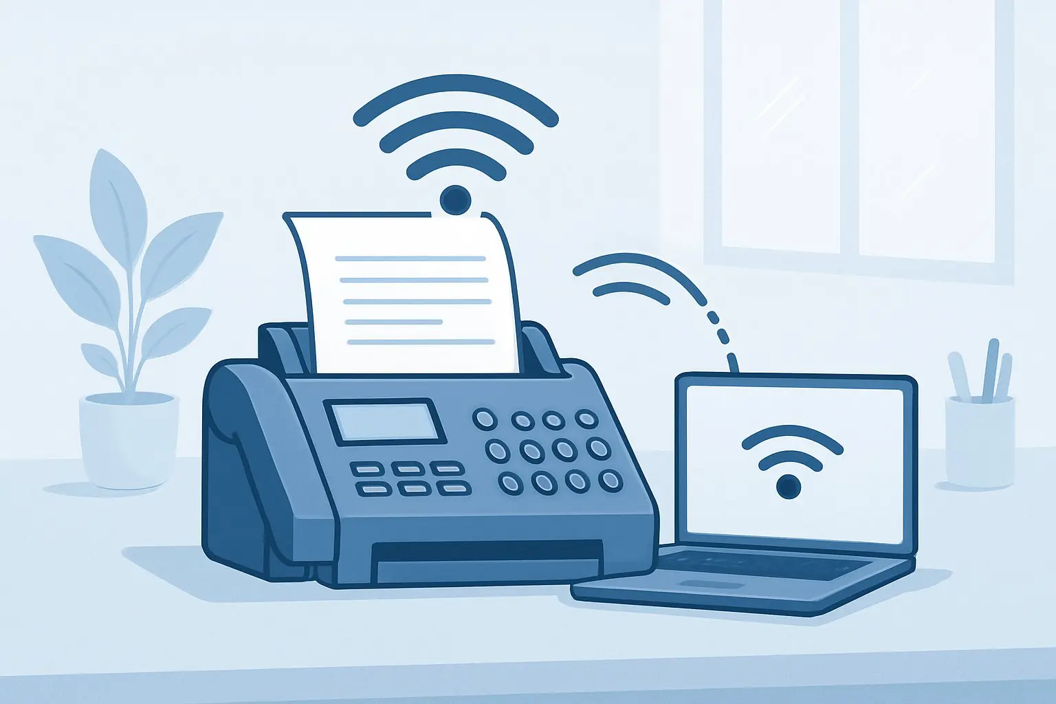 A fax machine on a desk wirelessly connected to a laptop in an office setting.