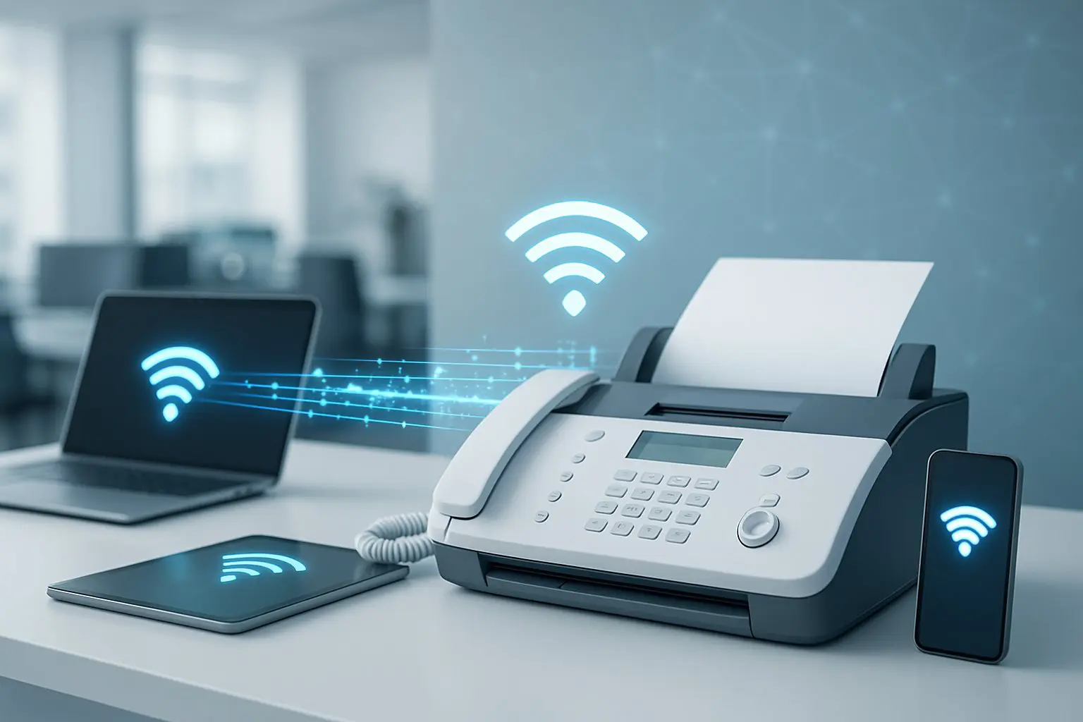 An office setting with a fax machine wirelessly sending data to laptops, tablets, and smartphones, symbolizing wireless fax communication.