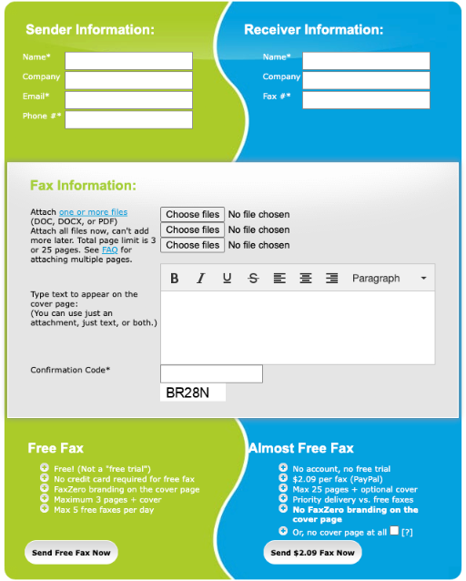 FaxZero send fax page