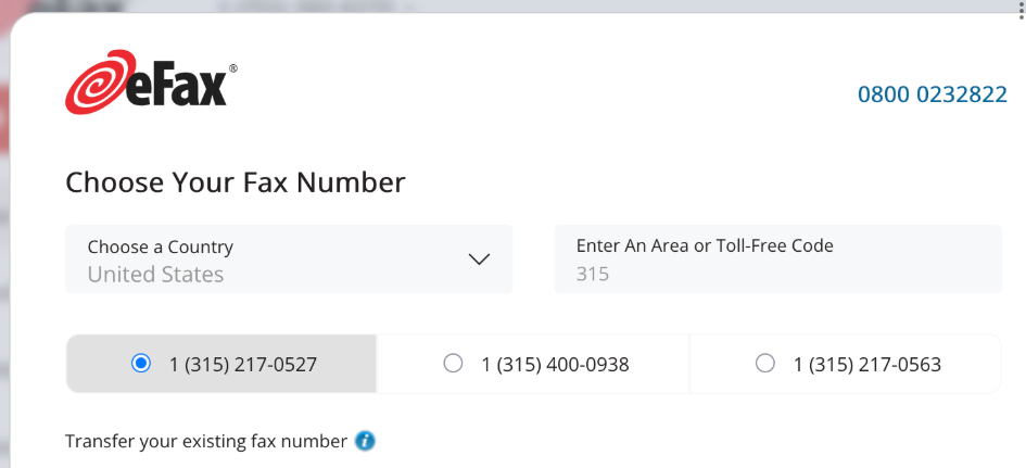 eFax choose area code