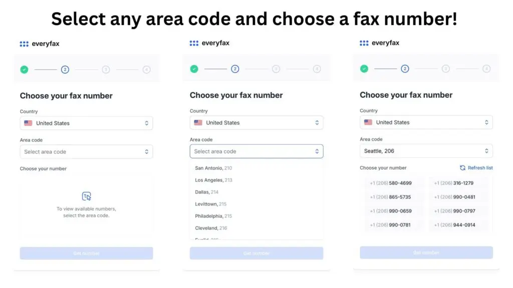 everyfax interface of choosing the area code and a fax number