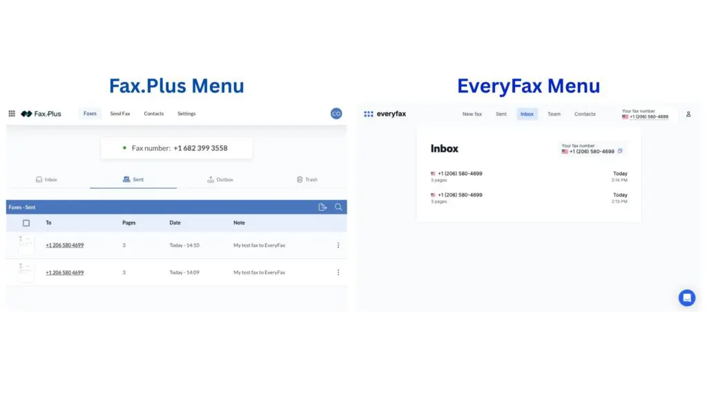 fax plus menu vs everyfax menu user interface comparison